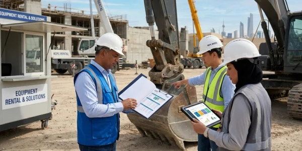 Construction professionals checking rental pricing on a Kuwait