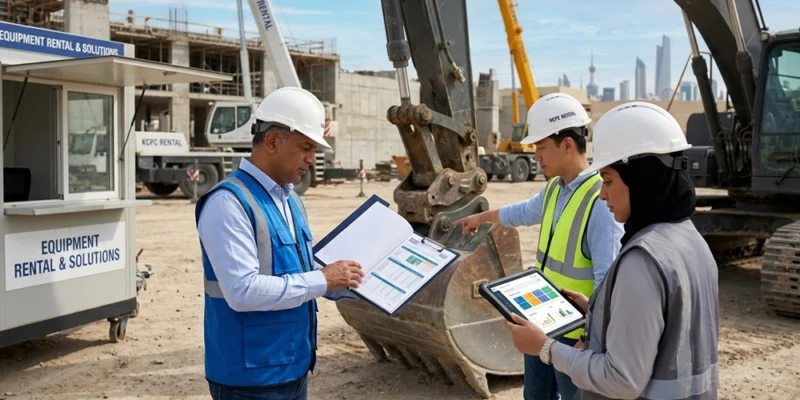 Construction professionals checking rental pricing on a Kuwait